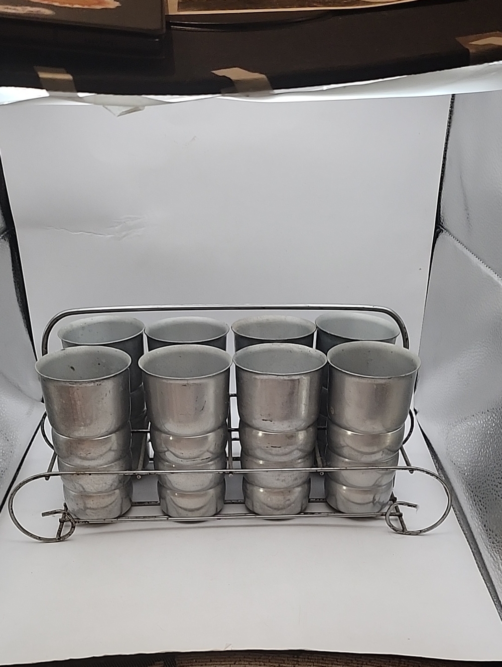 1950s Kromex Aluminum Tumblers (8) In Carrying Rack